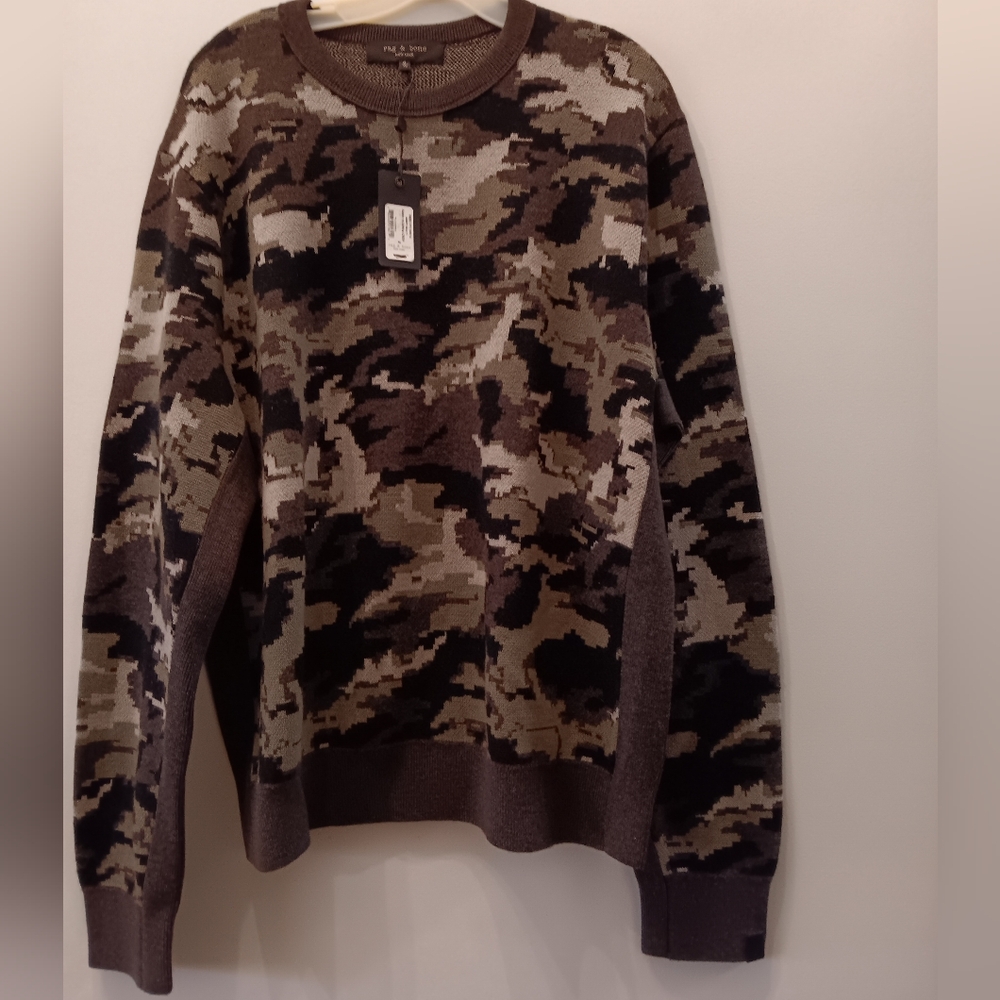 Men's NWT XL rag & bone Intarsia Wool Crew Sweater Army Multi Camo